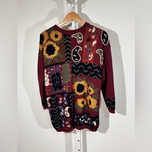 White Stag Folk Art Patchwork Sweater Cottagecore Boho Vintage oversized small